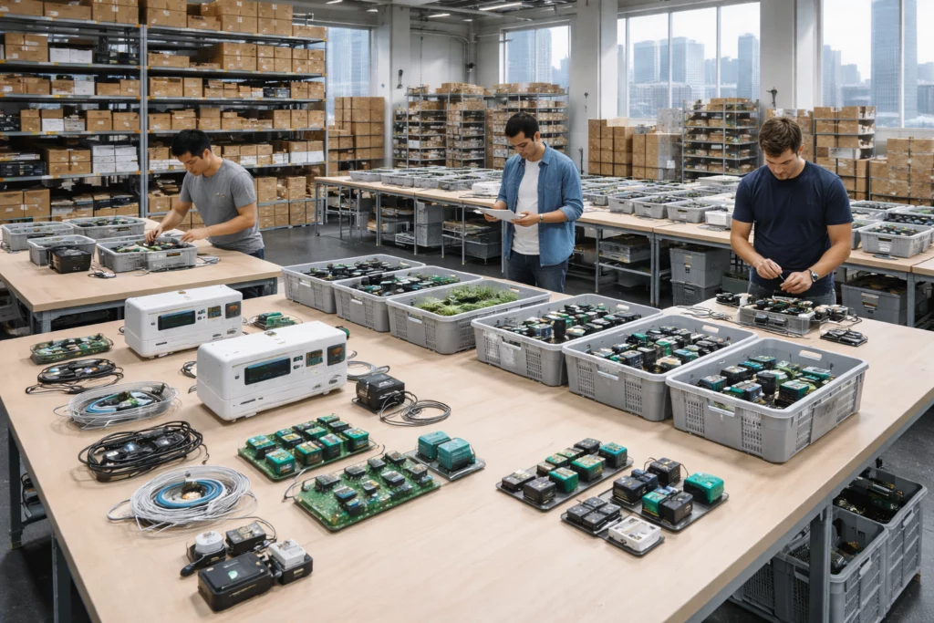 Trois techniciens en atelier assemblant des composants électroniques et des capteurs pour un système de potager connecté.